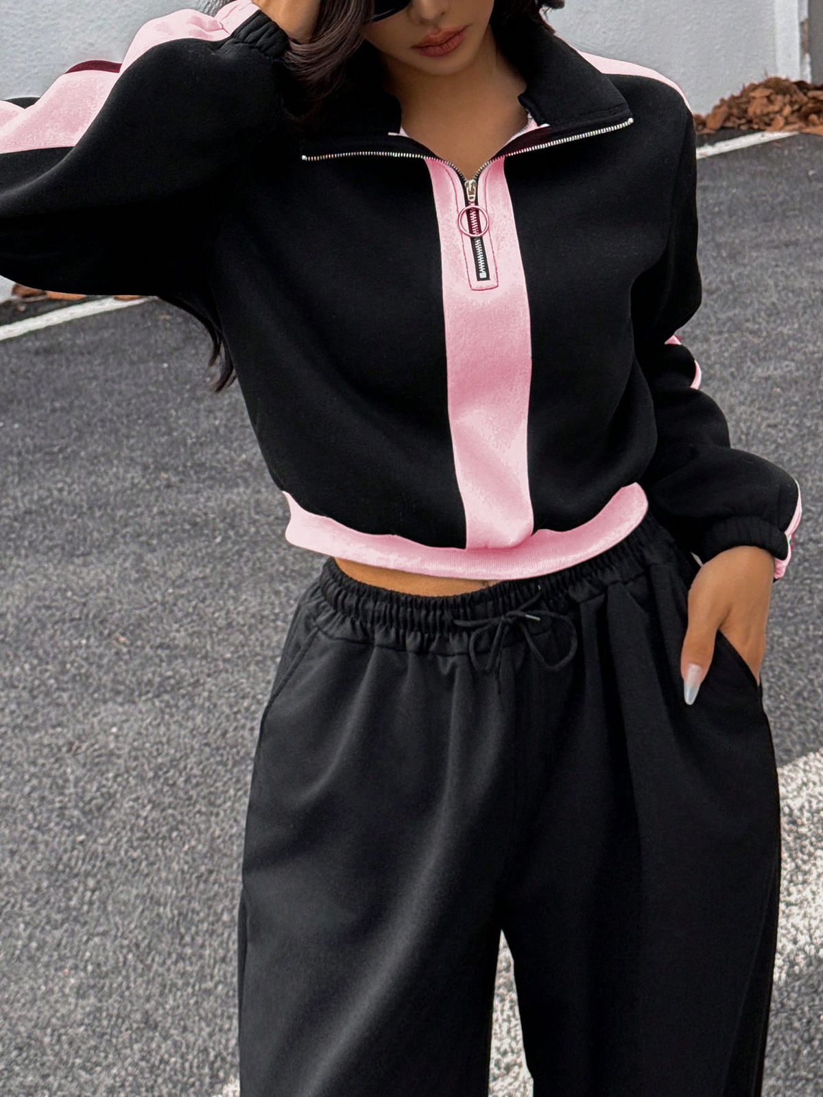 Damen-Set mit Sweatshirt und Hose mit halbhohem Kragen und Reißverschluss – lässiges Langarm-Outfit_voghion.com