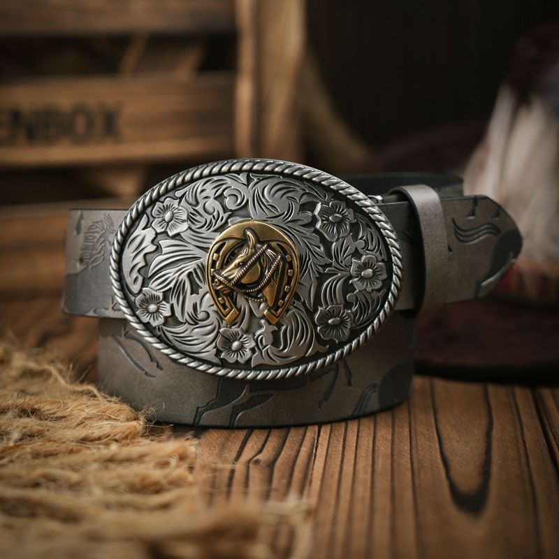 HOT Western Cowboy PU lederen riem - Heren tailleband Stierdecoratie Bloemen gegraveerd voor jeans_voghion.com