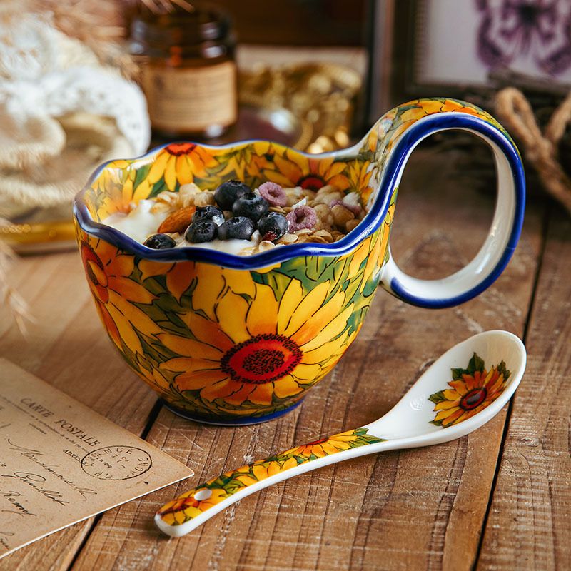 Sunflower-Themed Enamel Coffee Mug & Spoon Set - Vintage European-Style Tableware - 2-Piece Floral Cup Set - Handcrafted Ceramic-Like Finish_voghion.com