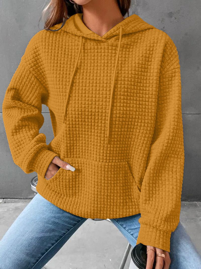 Women's clothing autumn and winter waffle round neck long-sleeved sweatshirt solid color sweatshirt_voghion.com