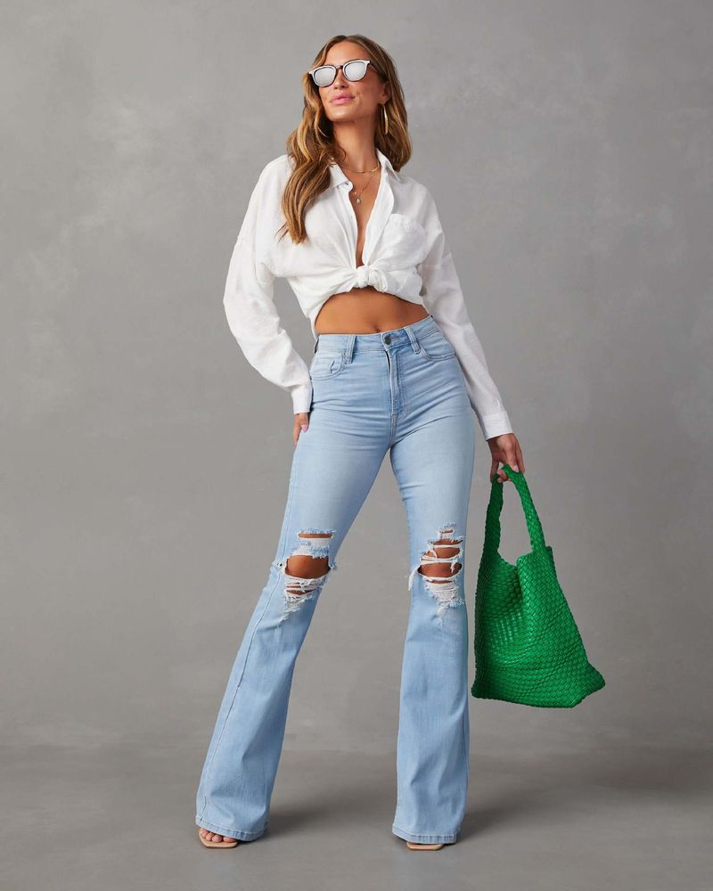 Dameskleding Gewassen Gat Hoge Taille Temperament Denim Wijde Pijpen Broek_voghion.com