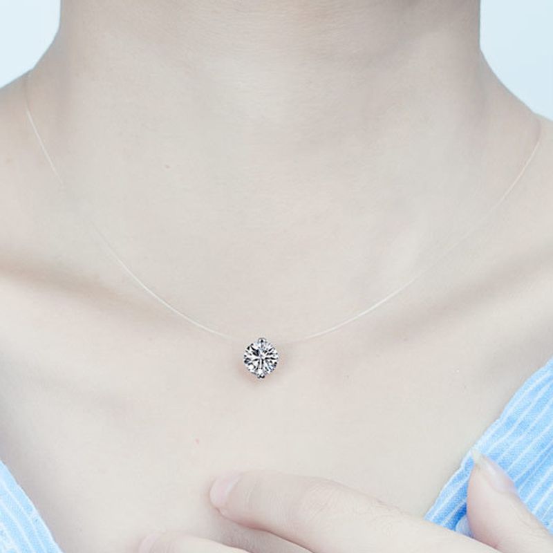 Lenza da pesca trasparente in argento puro per donna, catena per clavicola, elegante ciondolo con singolo diamante a forma di lacrime di sirena invisibili_voghion.com