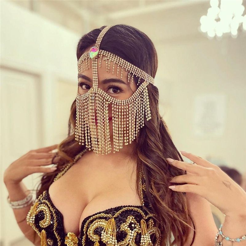 Hot selling luxury sparkling rhinestone long tassel exotic style AB colored crystal mask jewelry_voghion.com
