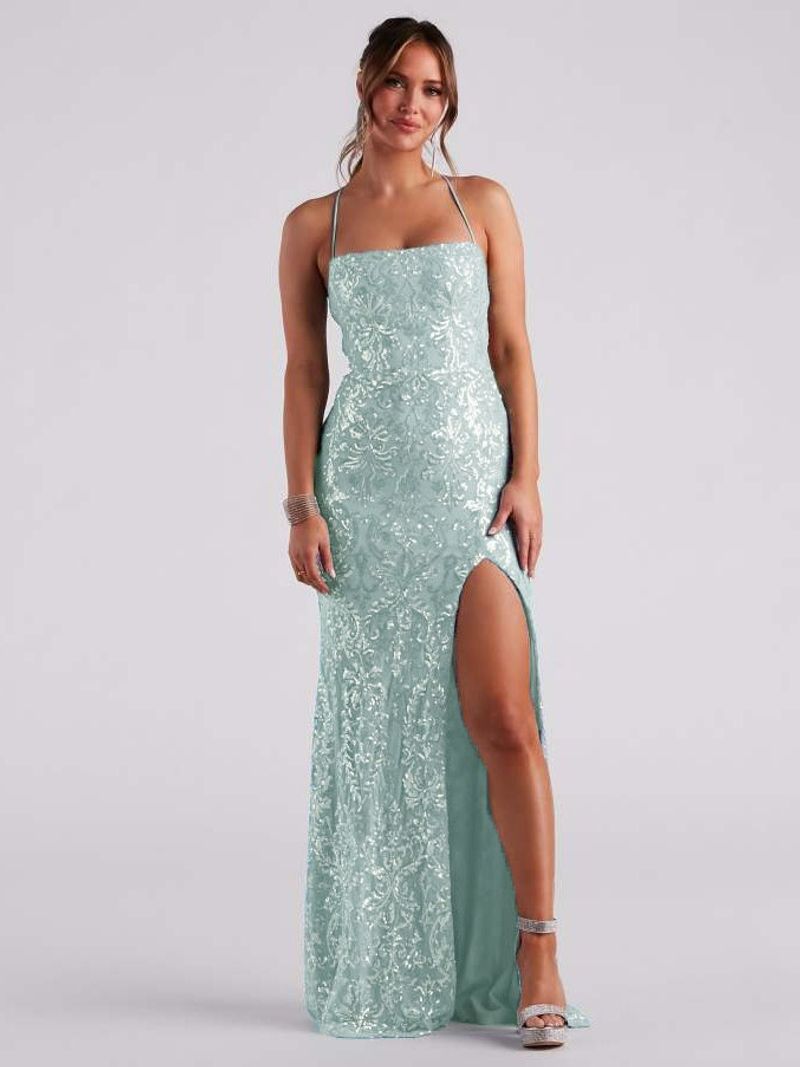 Damenbekleidung Sexy One-Shoulder Pailletten Bodenlanges Abendkleid Elegantes Schlitz Bankettkleid_voghion.com