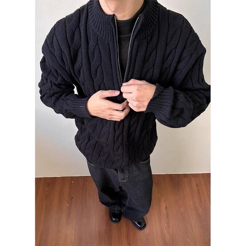 Suéter de malha trançada com meio zíper – Pulôver de gola alta pronto para o inverno para homens com estilo tradicional e estética relaxada_voghion.com