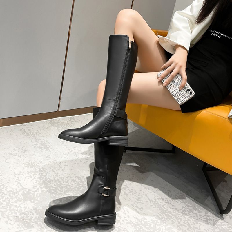 Gambaletto con cerniera laterale in vera pelle per donna 2023 autunno e inverno nuovo stile tacco spesso più veet nero dimagrante_voghion.com