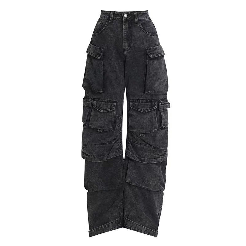 Women's Clothing Trendy Streetwear Oversized Cargo Pants With Multi-Pockets – Distressed Washed Denim In Smoky Grey & Black – High Waist Wide Leg_voghion.com