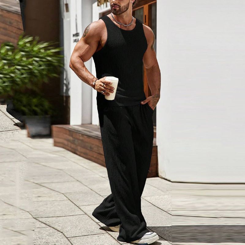 Costum bărbătesc sport, fără mâneci, vestă și pantaloni tricotați, din două piese, culoare uni_voghion.com
