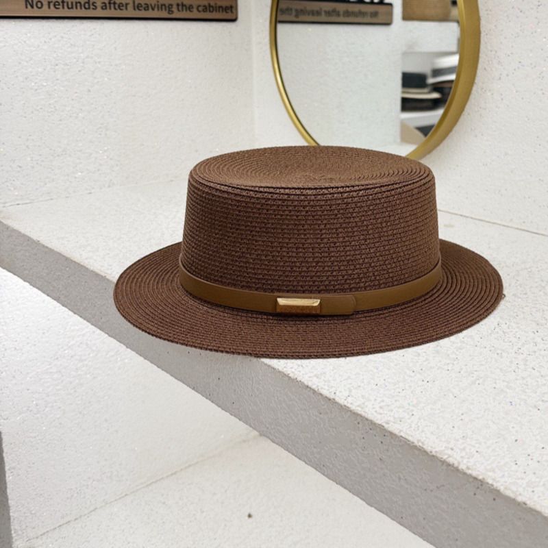 Heißer Verkauf Strohhut Hochwertiger Sommer minimalistischer und personalisierter Gürtel Flacher Zylinder Breite Krempe UV-beständiger Strohhut Strand Sonnenhut_voghion.com