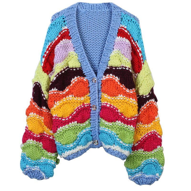 Vêtements pour femmes automne et hiver nouveau pull pour femmes arc-en-ciel crochet à la main couleur contrastée à manches longues col en V cardigan tricoté ample manteau épais_voghion.com