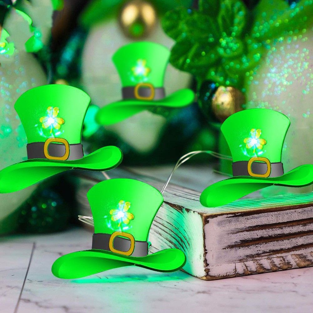 Festival irlandese a quattro foglie con trifoglio, luci a forma di corda, luci a forma di corda di filo di rame, luci a forma di cappello, luci a forma di trifoglio verde, rigorosamente selezionate_voghion.com