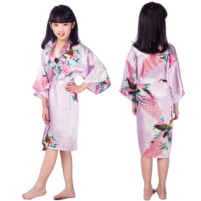 Women's clothing girl printed peacock peony long nightgown bathrobe summer thin imitation silk children's home cardigan robe_voghion.com