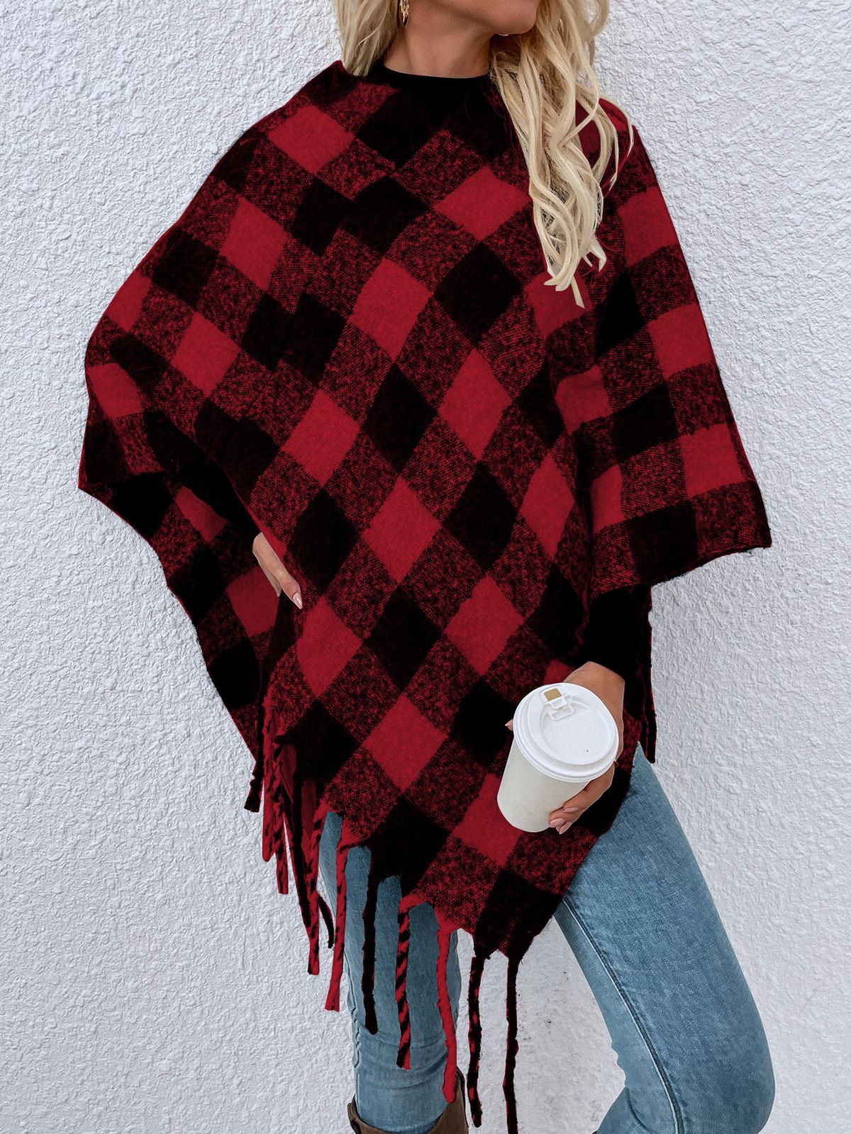 Maglieria da donna maglione a secchiello in pongee con scialle con frange a quadri mille uccelli_voghion.com