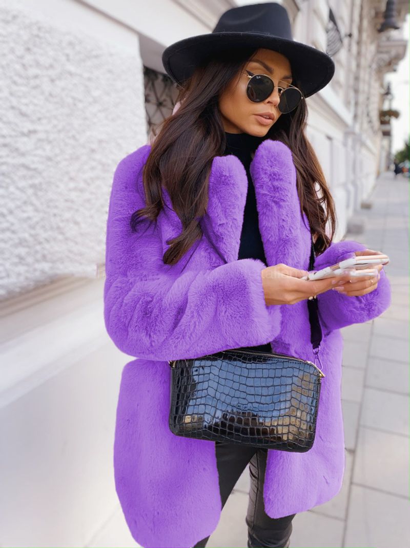 Damenmode Langarm-Revers-Pelzimitatmantel einfarbig warmer großer Mantel_voghion.com