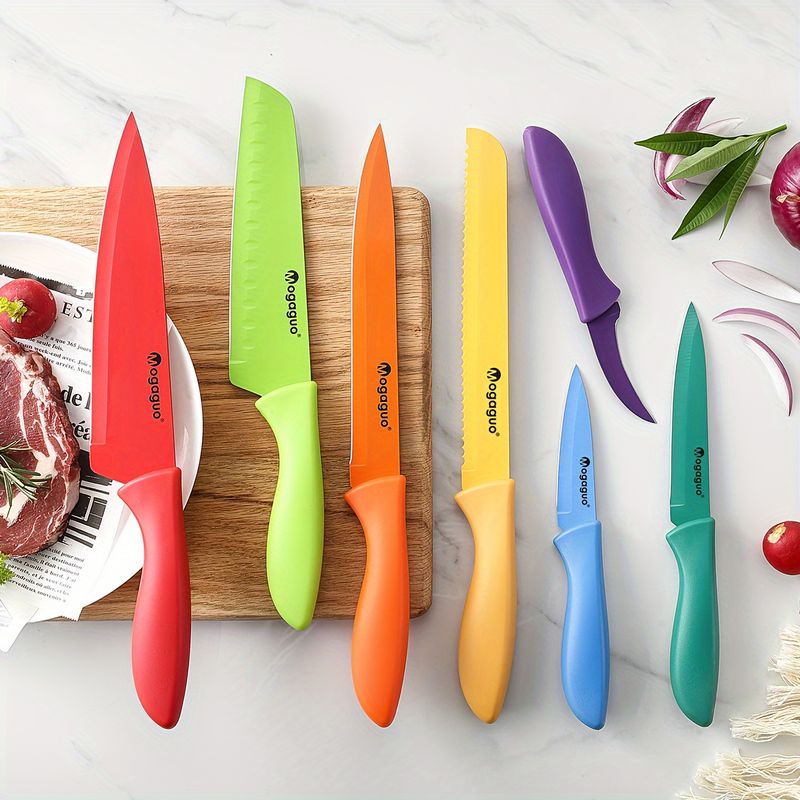 Professional Kitchen Knife Set 14pcs Rainbow Dishwasher Safe Sharp Stainless Steel With Sheaths Non Stick Blade Guards_voghion.com