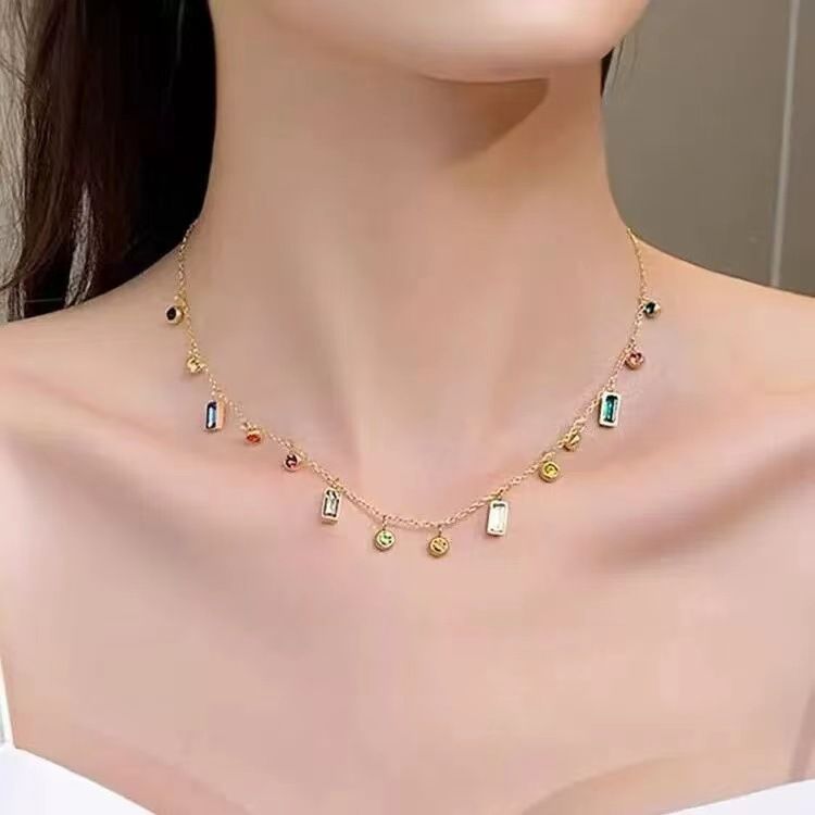 Titanium Steel Necklace Women's Colorful Zircon Dopamine Collar Chain 2023 New Niche Design High-end Neckchain_voghion.com