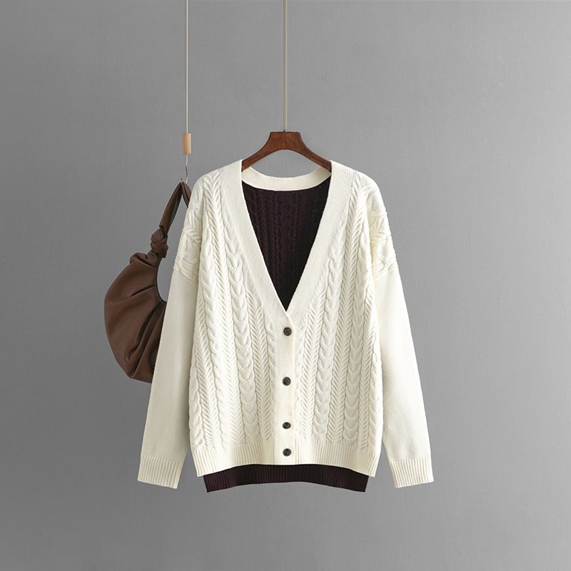 Women's Chunky Knit Cardigan With Color Block & Cable Design - Oversized V-Neck Open Front Sweater For Casual Wear_voghion.com