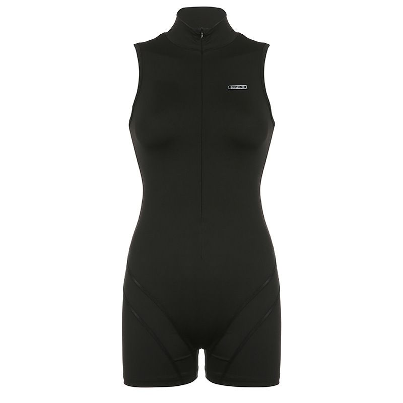 basic slim yoga sports slim shaping split sleeveless temperament high collar jumpsuit_voghion.com
