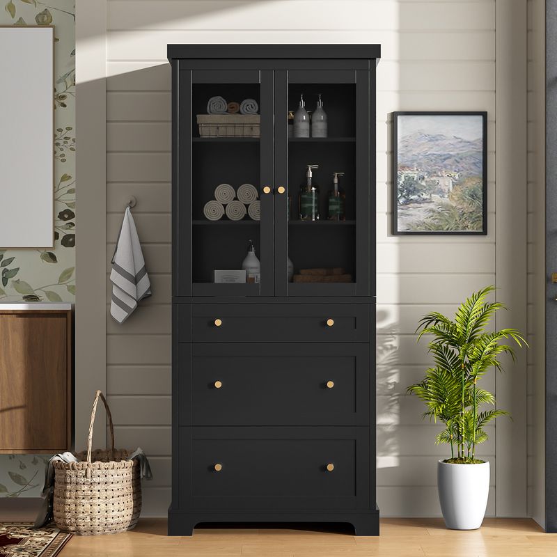 70.1" Modern High Freestanding Tall Bathroom Cabinet With 2 Adjustable Shelves, 3 Drawers, Soft Close Glass Doors – Ideal For Bathroom, Living Room, Kitchen Storage_voghion.com