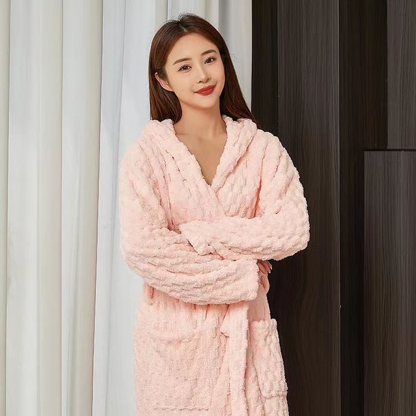 Soft Touch Micro Fleece Kapuzenbademantel Plüsch Langer Spa Robe Saugfähiger Bademantel_voghion.com