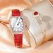5pcs/set2024 Simple and stylish diamond digital surface red leather belt watch jewelry set_voghion.com