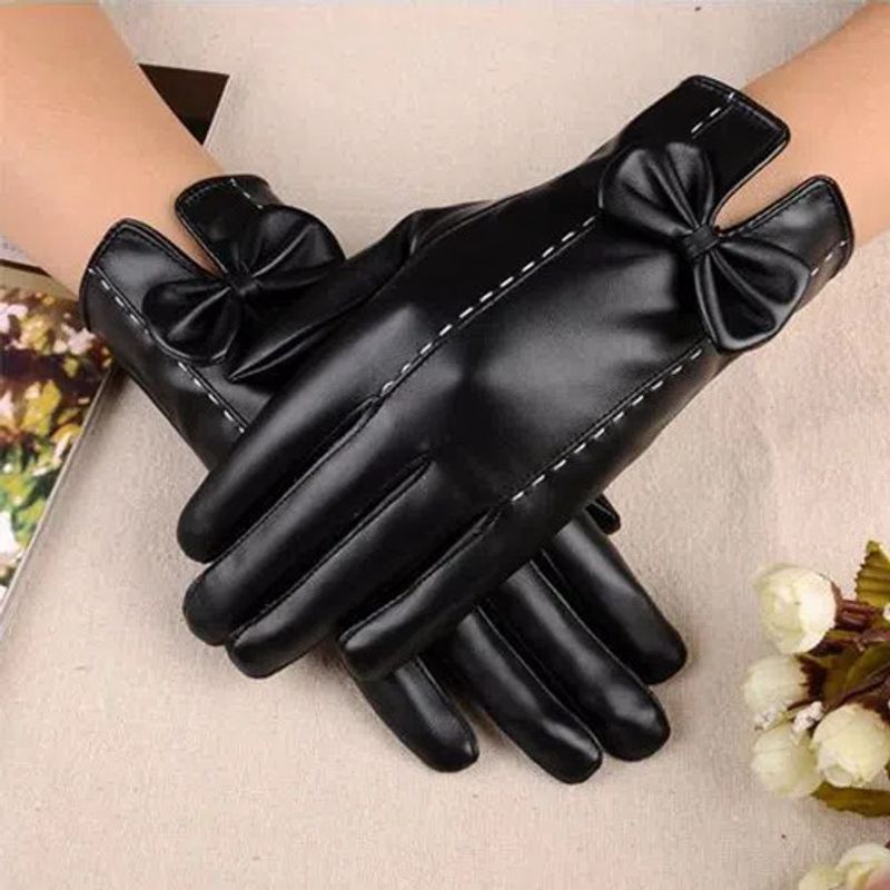 Gants en cuir PU à écran tactile à cinq doigts pour femmes, petits gants en cuir protéiné parfumés en velours d'hiver avec perles de vent_voghion.com