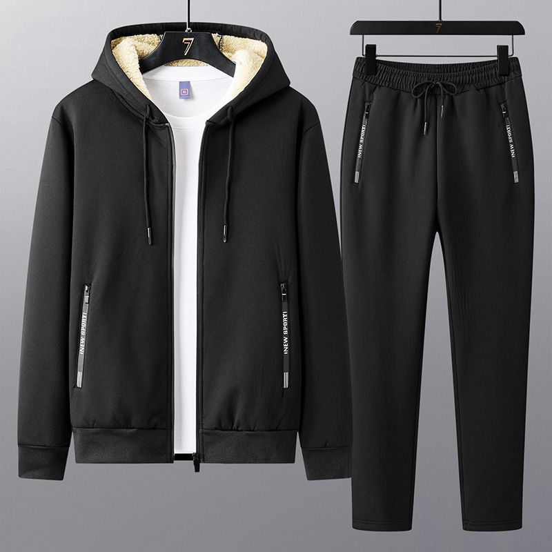 Men's Clothing Winter Plus Velvet Thickened Suit Men Hooded Cardigan Jacket Casual Sweatpants Warm Youth Lambskin_voghion.com