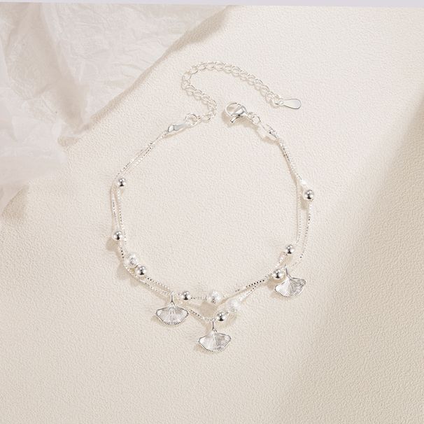 Three Lives Apricot Bracelet with Silver Plated Double Layer Ginkgo Leaf Pendant, Unique Design, Versatile Give as a_voghion.com