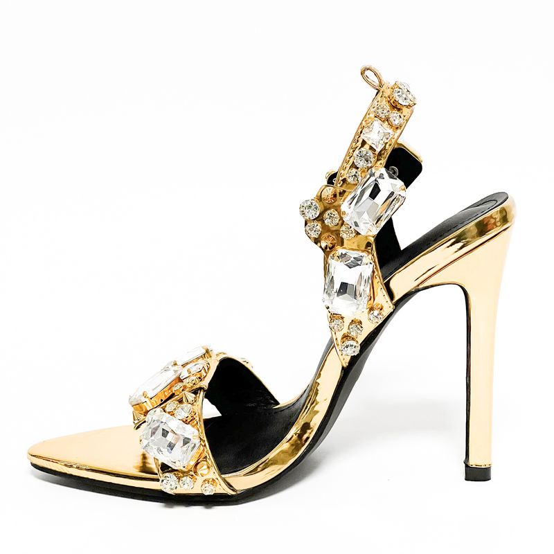 Women's Shoes 11cm New Pointed Gold Foreign Trade Rivet Rhinestone Stiletto Heels Summer Sandals Fashion Large Size Shoes_voghion.com