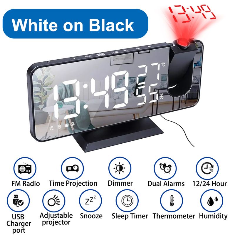 FM Radio LED Digital Smart Alarm Clock Watch Table Electronic Desktop Clocks USB Wake Up Clock With 180° Time Projection Snooze_voghion.com