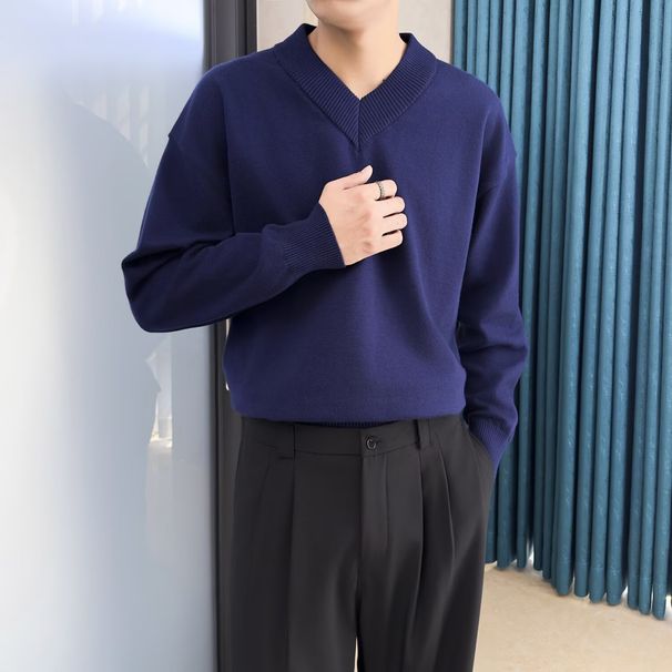 Herren-Pullover mit V-Ausschnitt – Business-Casual-Polo-Stil, lockere Passform, vielseitig für Arbeit und Wochenende (Schwarz/Dunkelgrau/Marineblau/Silbergrau, S-4XL)_voghion.com