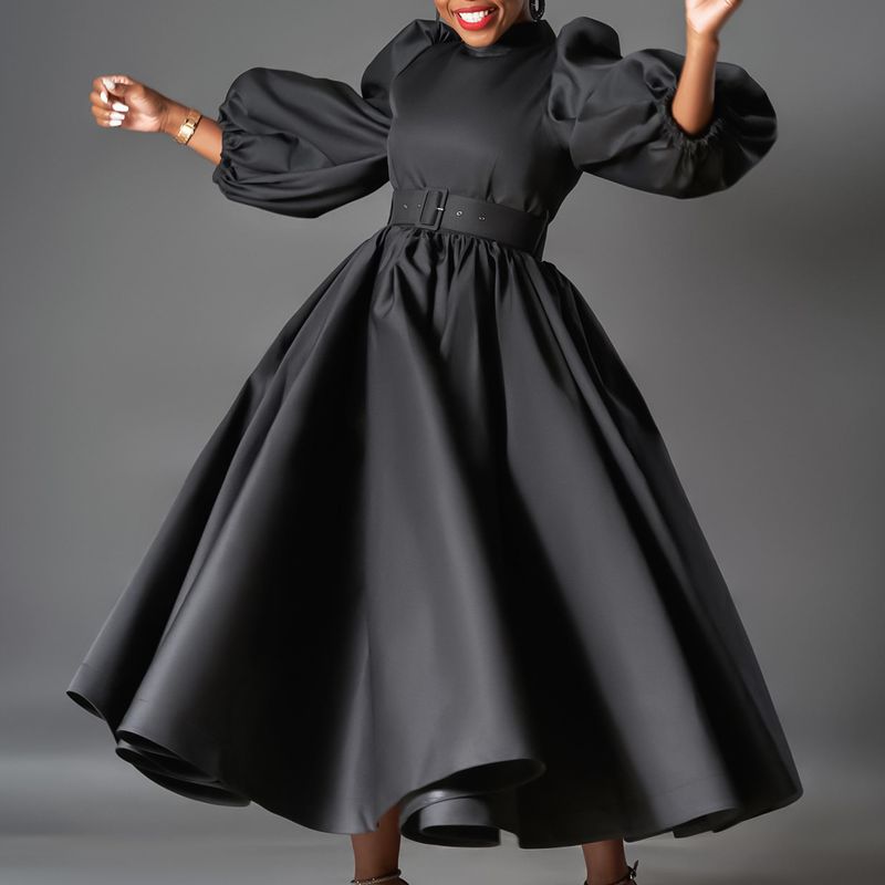 Damenbekleidung lockere Plus-Size-Mode einfarbig großer Rock Puffärmel mittellanger Rock Kleid_voghion.com
