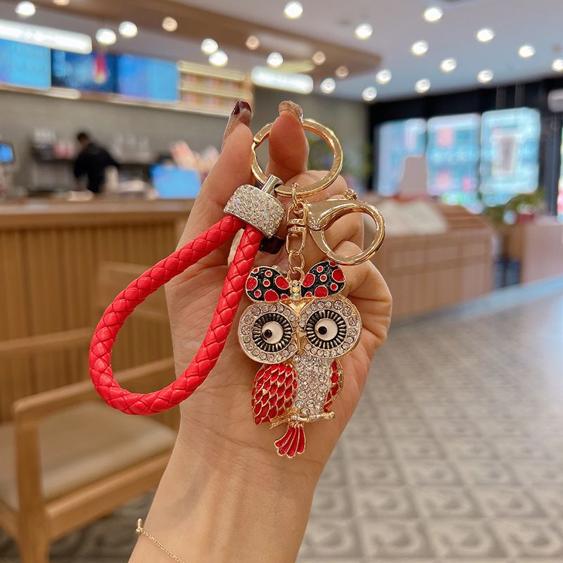 New Alloy Inlaid Diamond Bow Owl Creative Car Keychain Leather Strap Bag Decoration Pendant_voghion.com