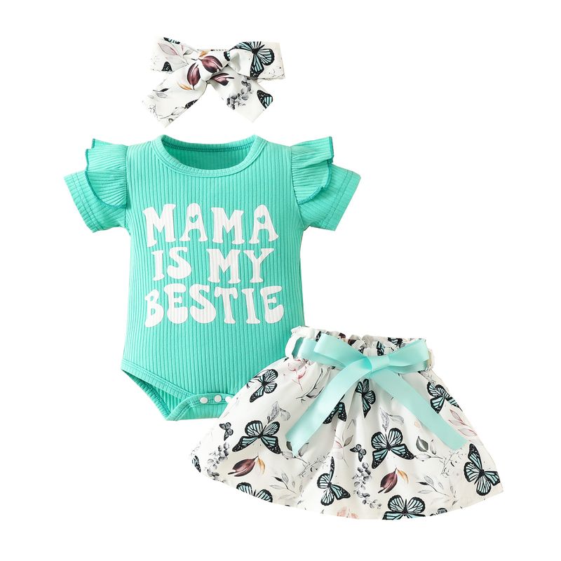 Mutter & Kinder 2024 Sommer Neuer Stil für Säuglinge und Kleinkinder Mama Englischer Buchstabe Kurzarm Dreieck Strampler Schmetterling Bedruckter Rockanzug Trendy_voghion.com