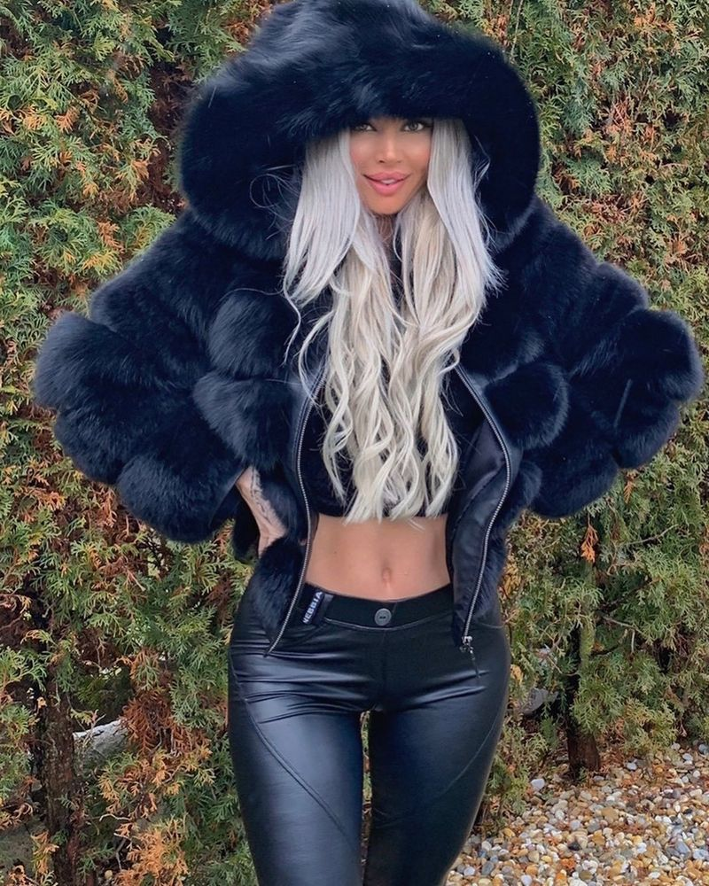 Damen Temperament Pendler Mode Langarm einfarbig Pelz Kapuze warmen Mantel_voghion.com