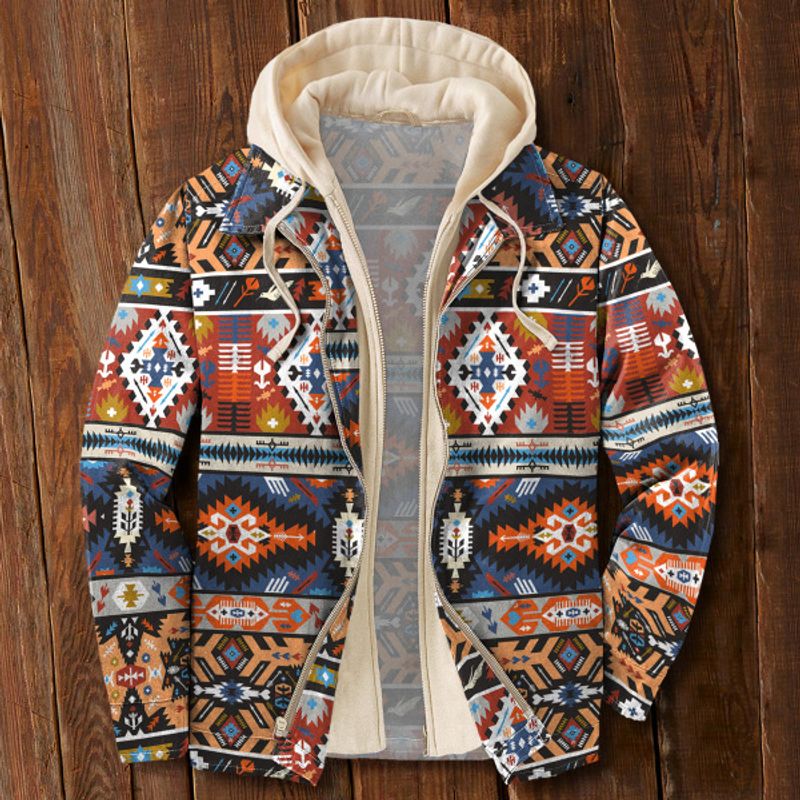 Vêtements pour hommes Veste à capuche décontractée à imprimé ethnique rétro pour hommes, automne et hiver_voghion.com