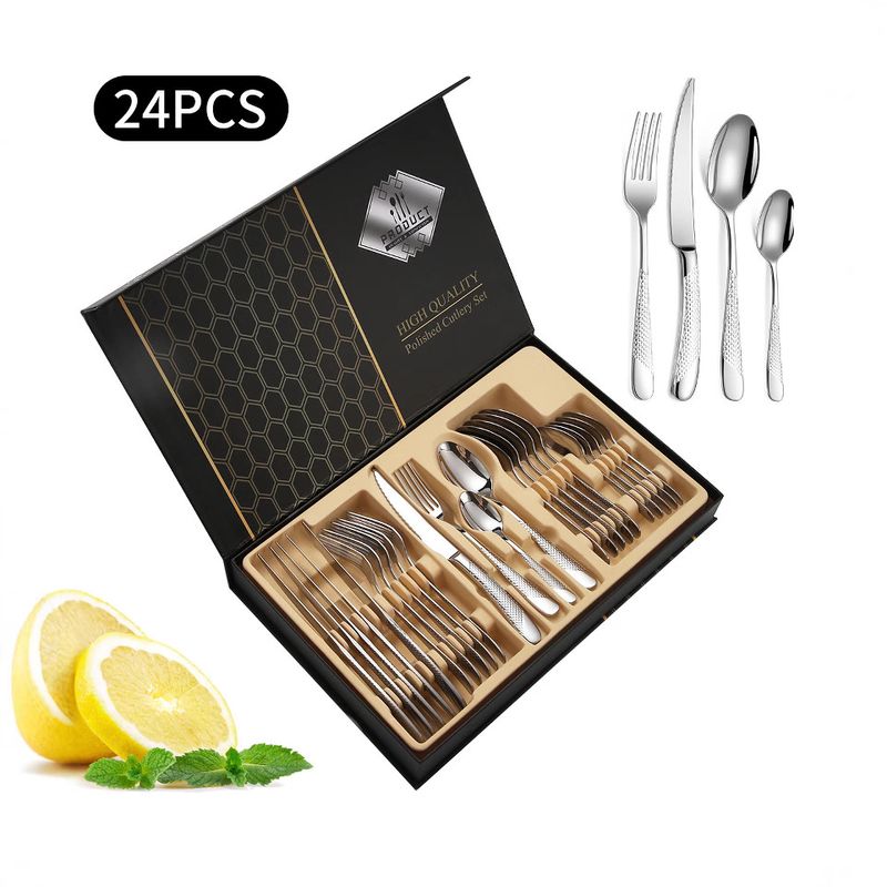 Cubiertos de acero inoxidable Star Diamond, juego de 24 piezas, cuchillo para carne, tenedor y cuchara, caja de regalo de hotel, percha de madera_voghion.com
