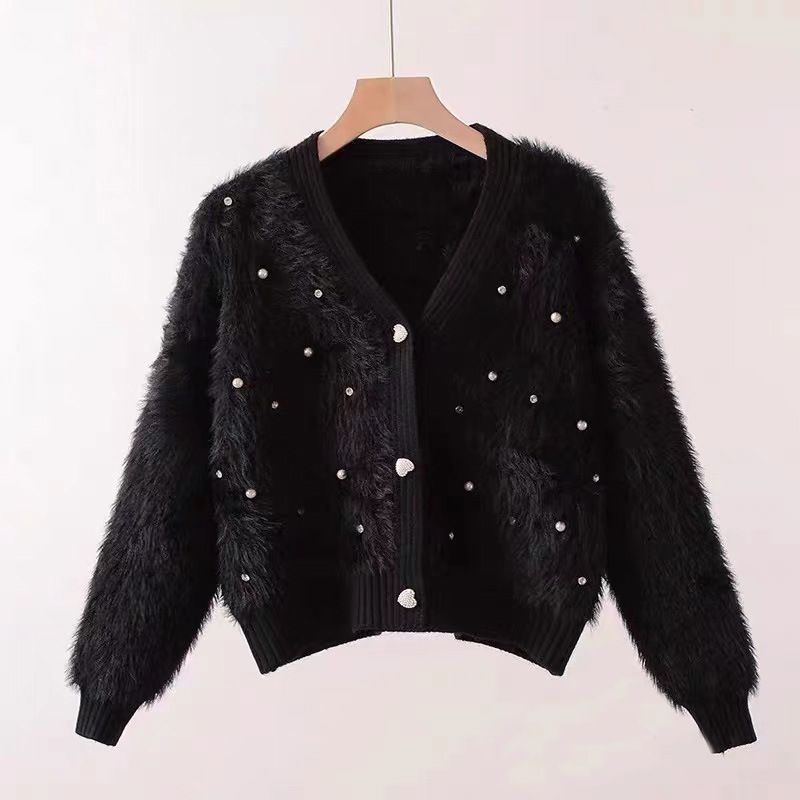 2024 neue modische kleine duftende Stil Nagel Perle Nerz Pelz Pullover Jacke Frauen lose kurze V-Ausschnitt gestrickt_voghion.com
