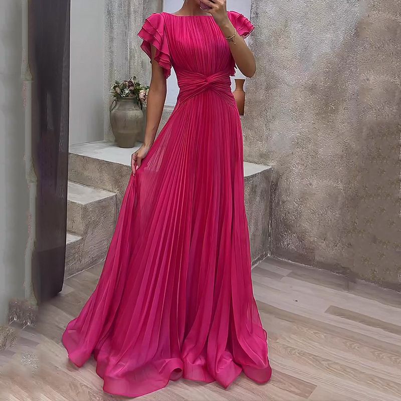 Women's Clothing Summer New Fashion High end Round Neck Pleated Cross Solid Color Dress_voghion.com