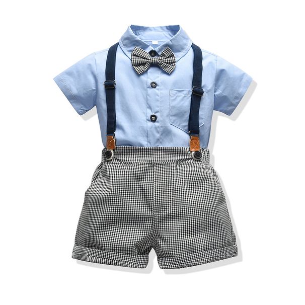 Children's Spring and summer new boys' suit lapel short-sleeved white shirt dress houndstooth plaid overalls shorts_voghion.com