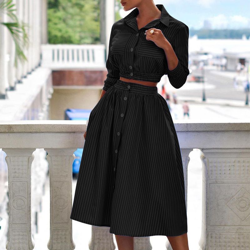Set da due pezzi con gonna a righe a maniche lunghe e temperamento alla moda da donna_voghion.com