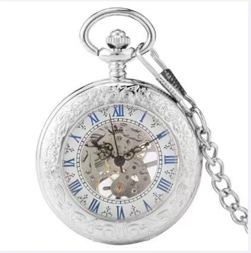 Fashion Creative Transparent Flip Cover Silver Men's Pocket Simple Roman Numerals Classic Mechanical Watch_voghion.com