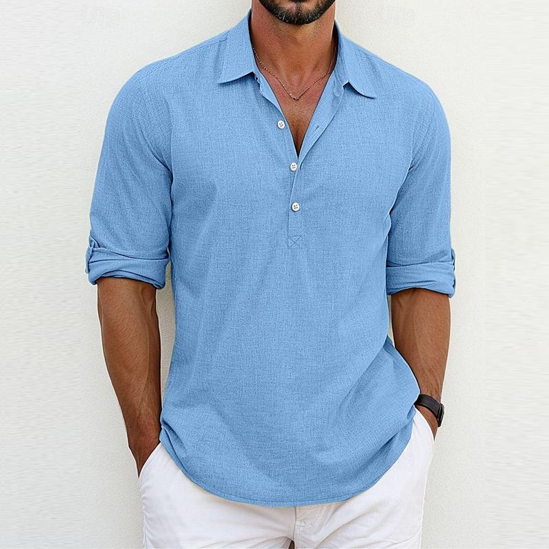 Men's Clothing Men's Long Sleeved Lapel Cotton And Linen Size Shirt Youth Half Open Cardigan Shoulder Pulled Men's Shirt_voghion.com