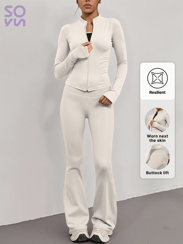 2-teiliges SOYUN Damen-Jumpsuit-Set in voller Länge in Weiß mit Jacke mit durchgehendem Reißverschluss und Hose mit weitem Bein, Ganzjahres-Workout-Outfit_voghion.com