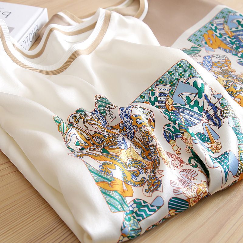 Damenbekleidung T-Shirt Damen Bedrucktes Sommer-T-Shirt aus Maulbeerseide mit kurzen Ärmeln und dünnem Oberteil_voghion.com