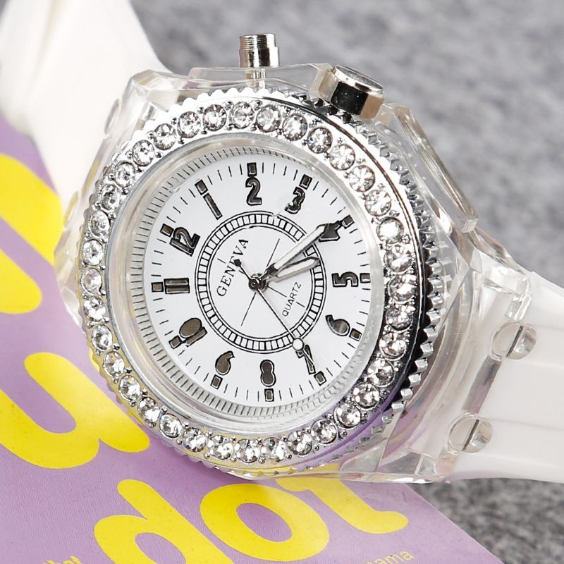 Children's Luminous Glowing With Diamonds LED Sparkling Light Couple's Geneva Watch_voghion.com