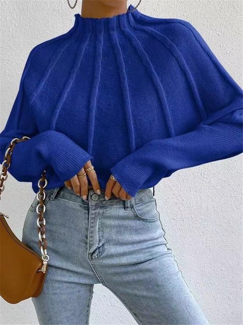 Autumn and winter women's new half turtleneck solid color versatile knitted pullover bat sleeve sweater_voghion.com