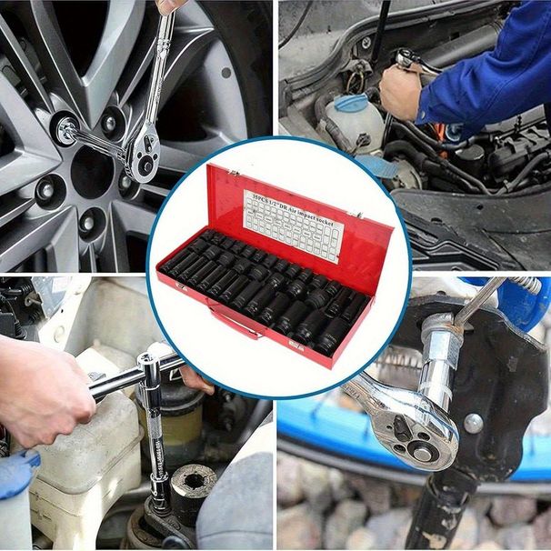 35PCS 1/2' Drive Red Deep Impact Socket Set - Metric 8-32mm For Spindle Axle Nuts, Heavy Duty With Portable Case For Garage, Auto Mechanics & DI_voghion.com