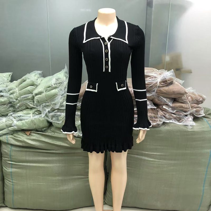 Robe tricotée à manches longues et boutons à revers pour femme, avec bordure en bois et oreilles_voghion.com