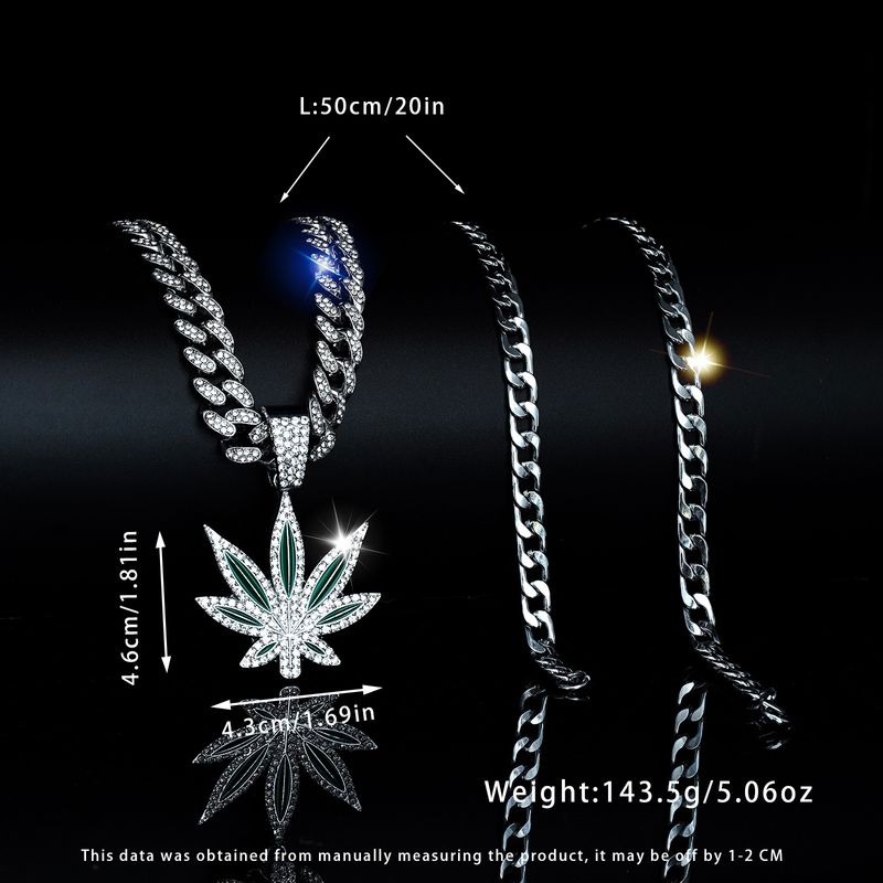Hot Selling Fashion Hip Hop Long Stacking Maple Leaf Necklace Men And Women Street Personality Full Diamond Cuban Chain_voghion.com